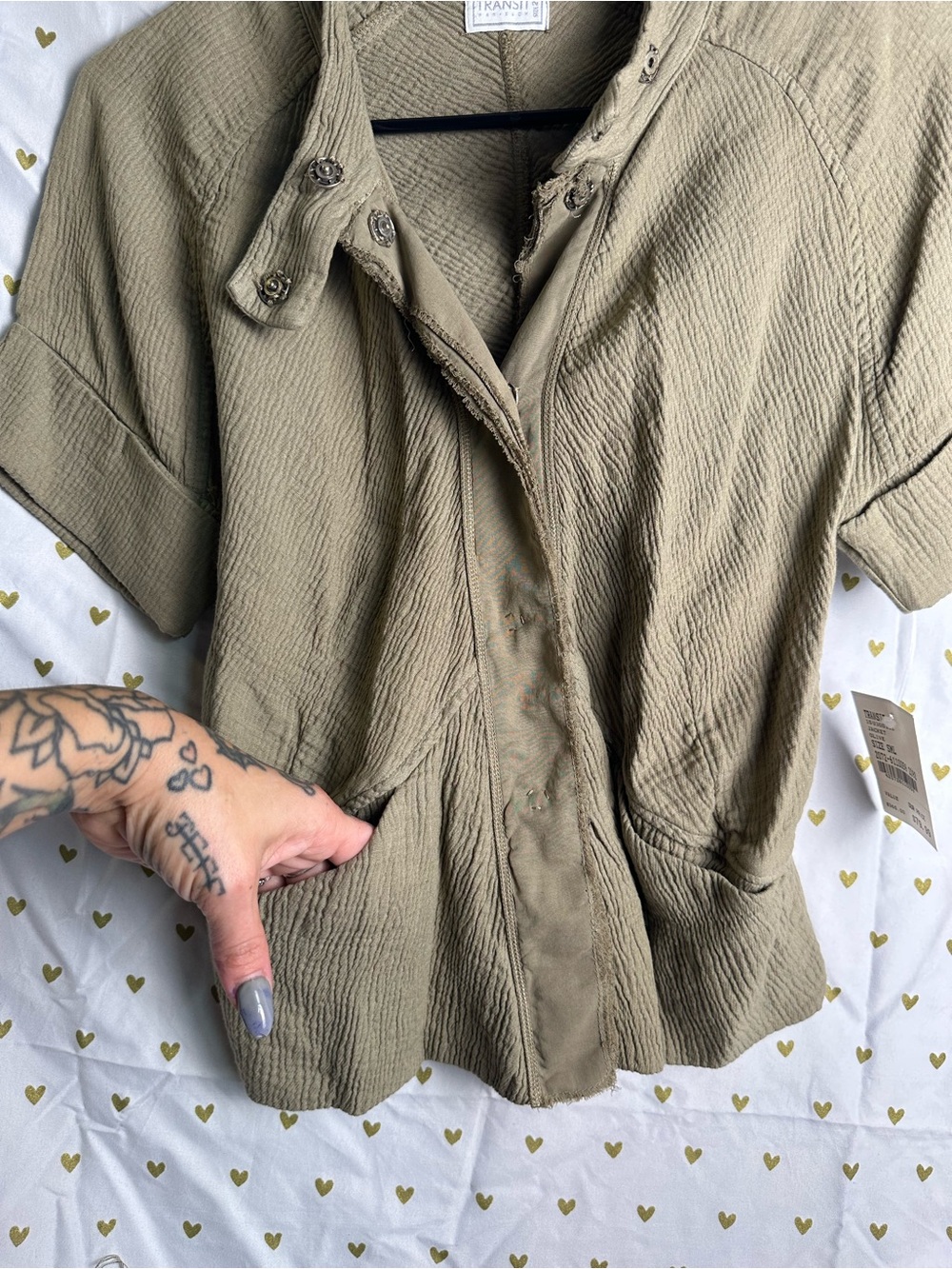 NWT Transit Par Such Olive Green Textured Button Snap Shirt Top S Small - Picture 4 of 8
